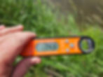 Hand holds an orange digital thermometer reading 74.3°F. Green grass and blurred background create a natural setting.