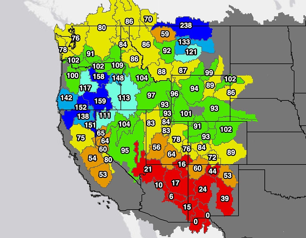 Winter of 2024-25 (February) Western snow pack as a percentage of median snow-water equivalent. Drought.gov