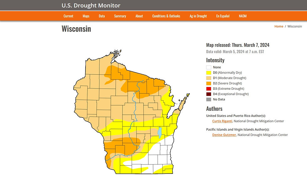 Map showing Wisconsin drought conditions as of March 7, 2024. Varying intensities in yellow to orange. Legend and author details included.