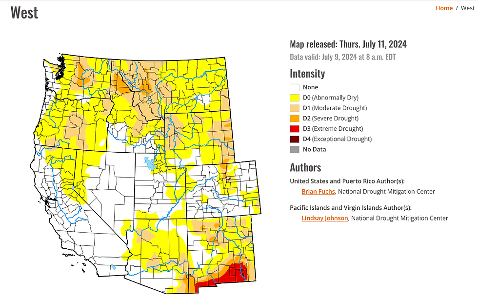 Drought map of the western US, July 2024, shows color-coded dryness levels. Authors: Brian Fuchs, Lindsay Johnson.
