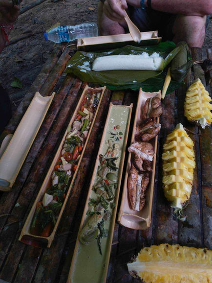 Fresh ingredients being cooked inside bamboo tubes during a Khao Sok jungle experience