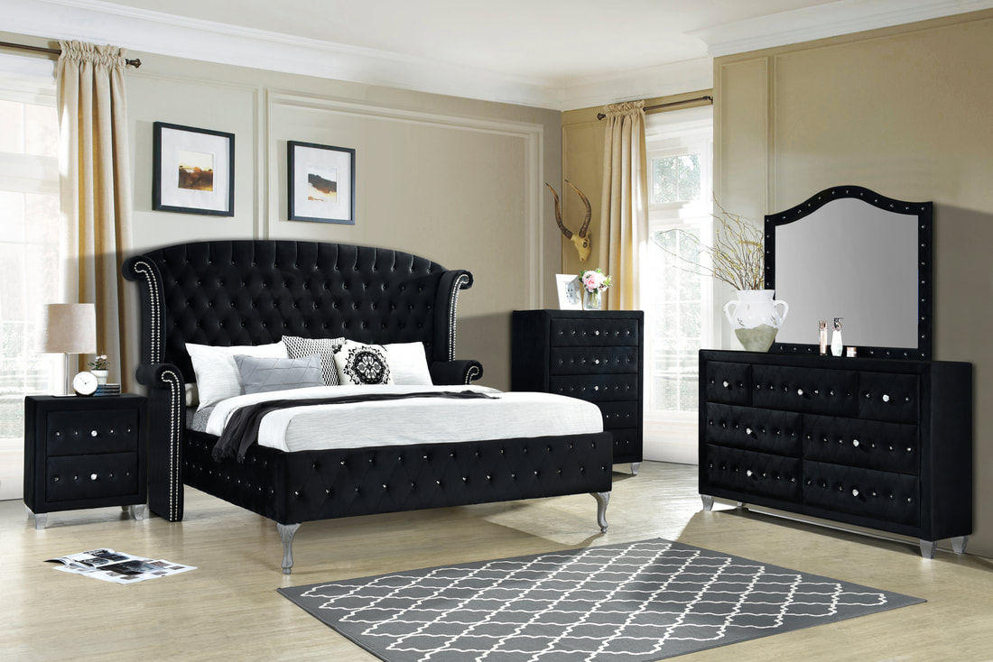 Diamond Palace Black Bedroom Set - Queen, King (Black)