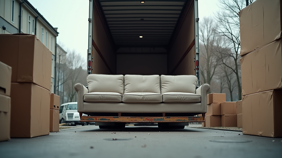 Eye-level view of a large sofa being loaded into a removal truck