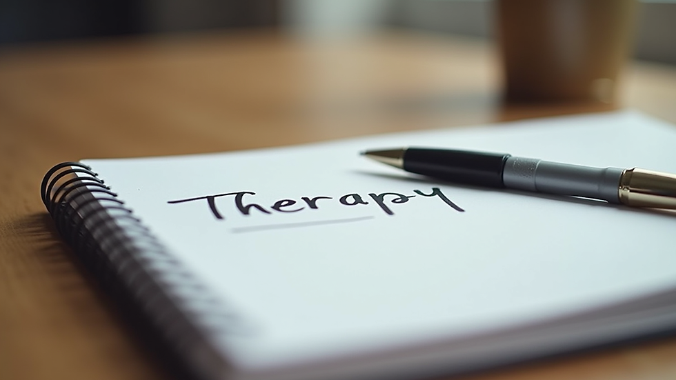 Close-up view of a notebook with therapy notes and a pen on a wooden table