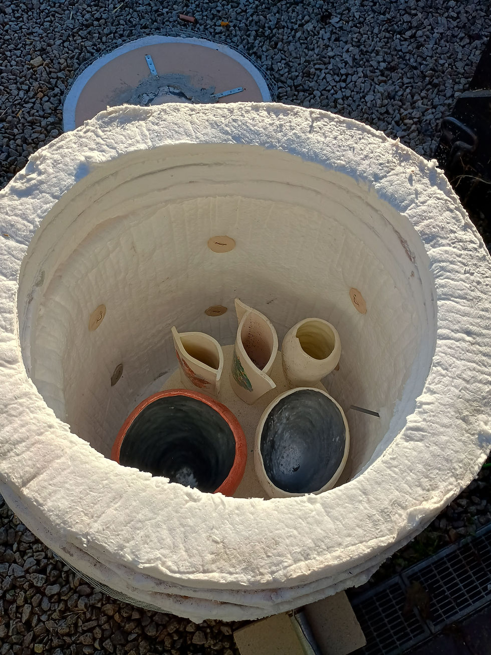 A loaded raku gas kiln ready for firing.