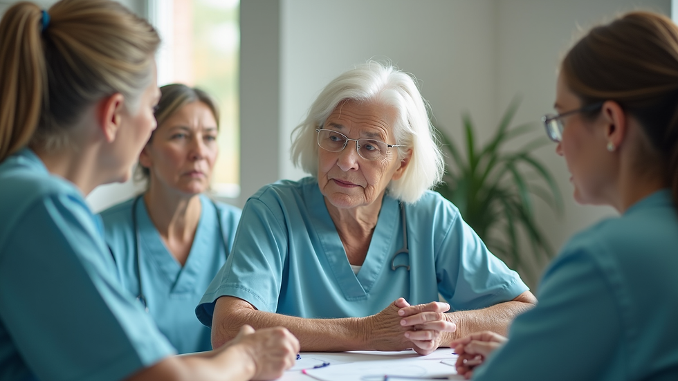 Close-up view of a training session with elder care providers learning new skills
