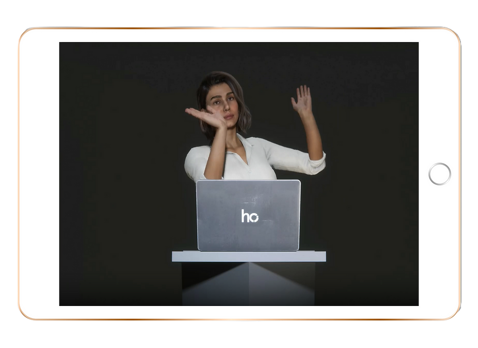 Woman in front of laptop with hci logo, waving, dark background.
