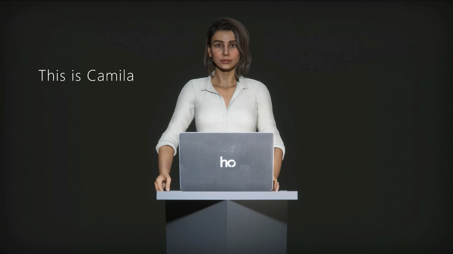 Camila stands behind a podium with a laptop; text says "This is Camila."