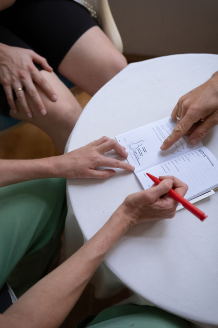 Schwangere Frau Hebamme zeigt auf Mutterkindpass