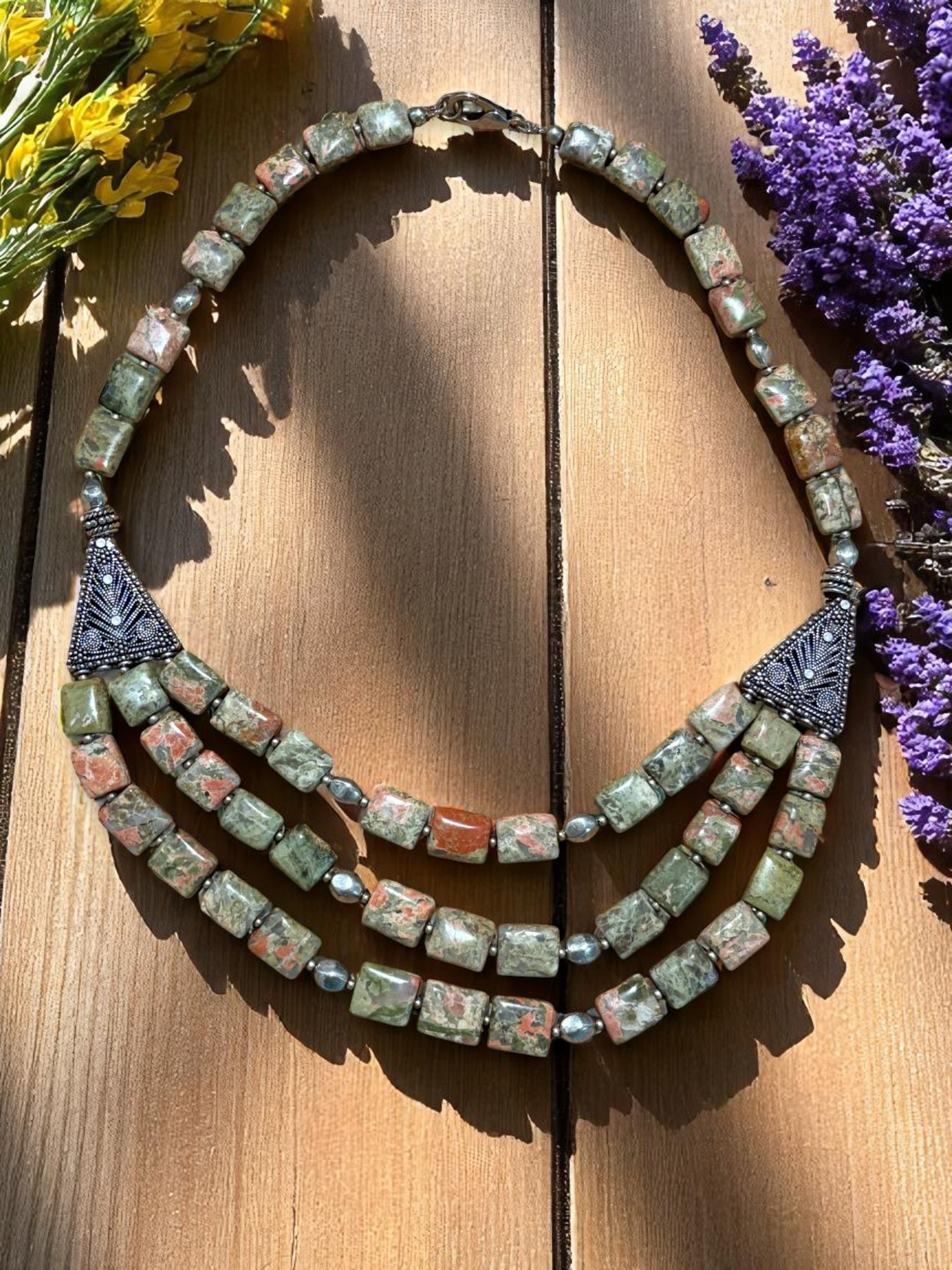 unakite jasper 3-tier necklace