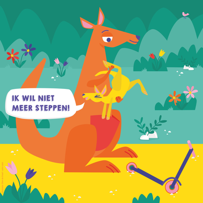 Kind kangoeroe is moe en wilt niet meer zelf steppen maar in mama's buidel kruipen.