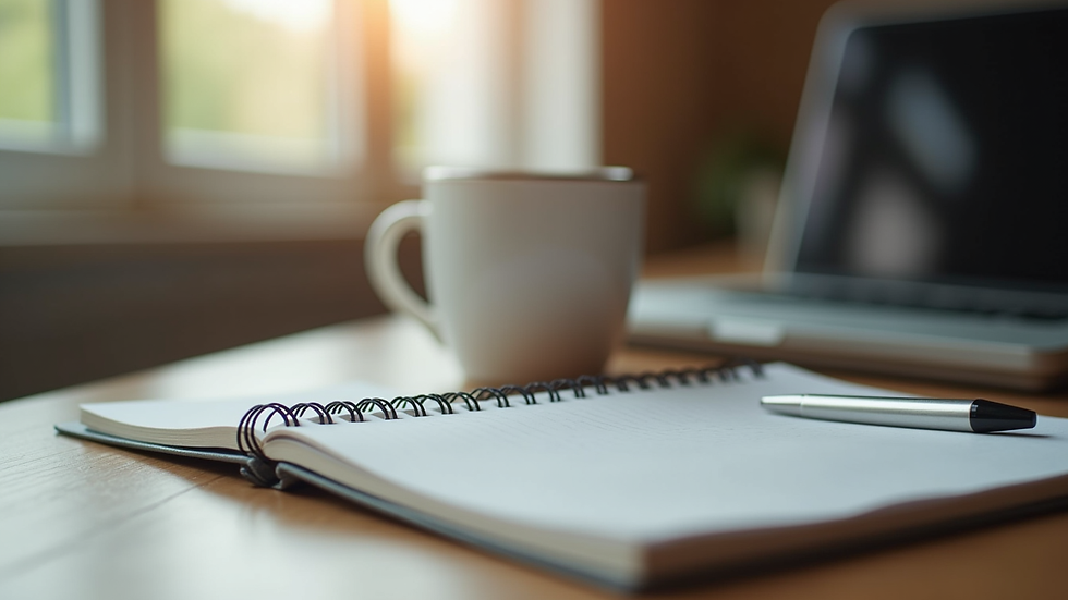 Eye-level view of a coffee mug on a desk next to a notebook and pen