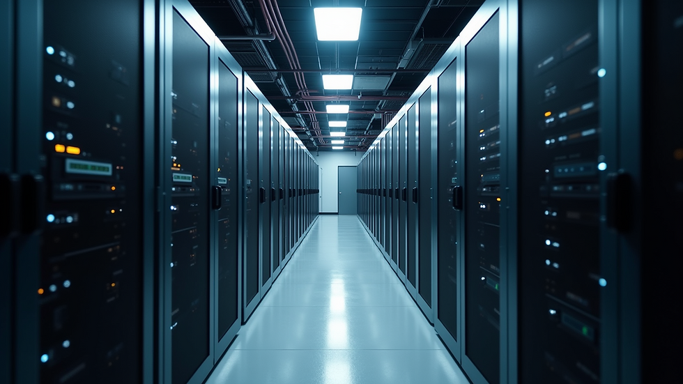 High angle view of a data center with rows of servers