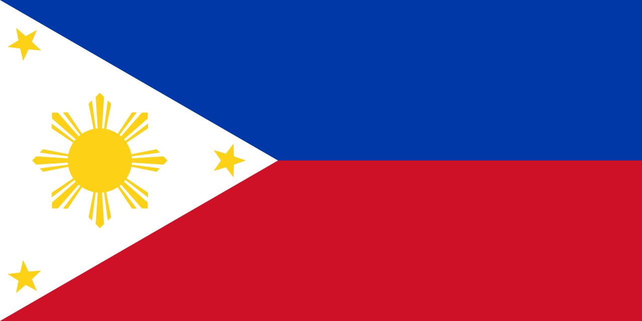 Flag of the Philippines: blue, red, white triangle, golden sun, three stars.