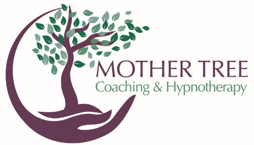 Logo of a tree with green leaves growing from a purple hand, accompanied by text: Mother Tree Coaching & Hypnotherapy. Calm and nurturing.