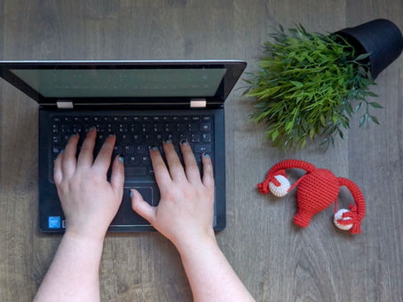 Vrouw typt op laptop naast gehaakt baarmoeder met eierstokken als symbool voor de online leeromgeving van de DVDC vooropleiding Hormoon Opleidingsinstituut