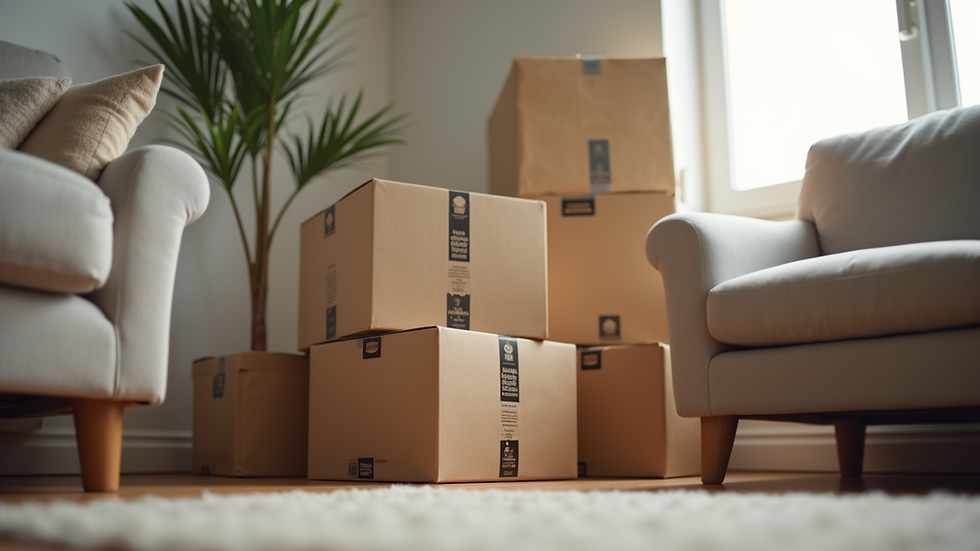 Eye-level view of neatly packed and labeled moving boxes stacked in a living room corner