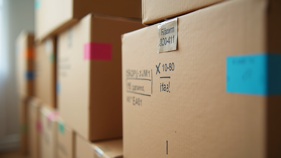 Close-up view of labeled moving boxes with color-coded stickers stacked neatly