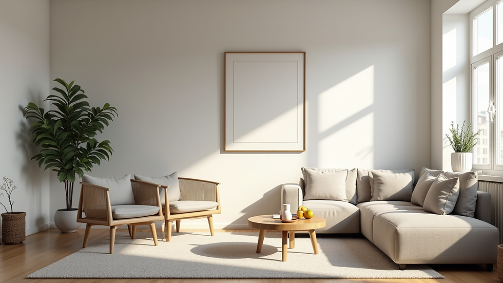 Eye-level view of a neatly organized living room with minimalist furniture