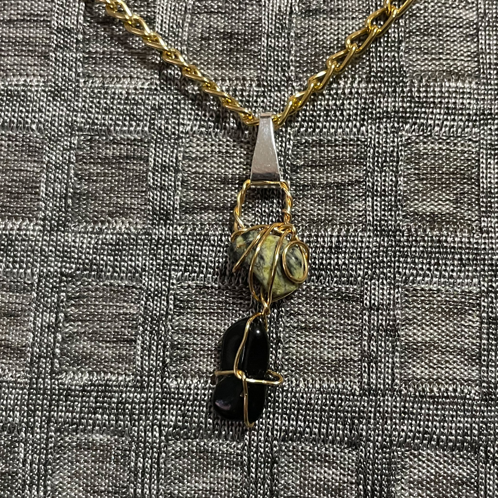 Wrapped Serpentine and Black Tourmaline Necklace
