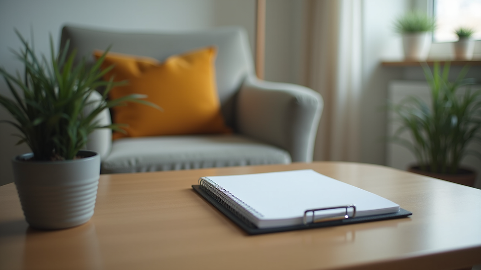 Close-up view of a therapist’s office with a notepad and a comfortable chair