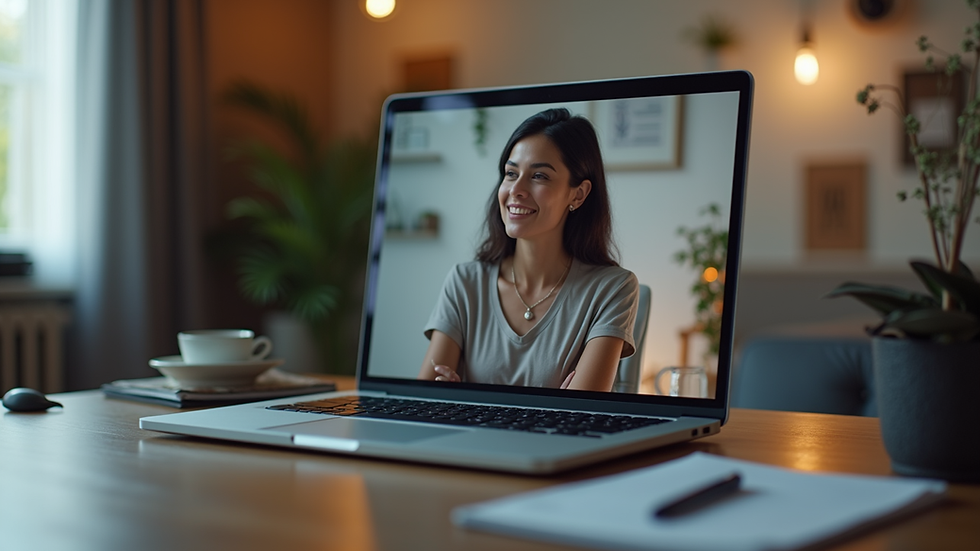 Eye-level view of a laptop on a desk with a virtual therapy session on screen