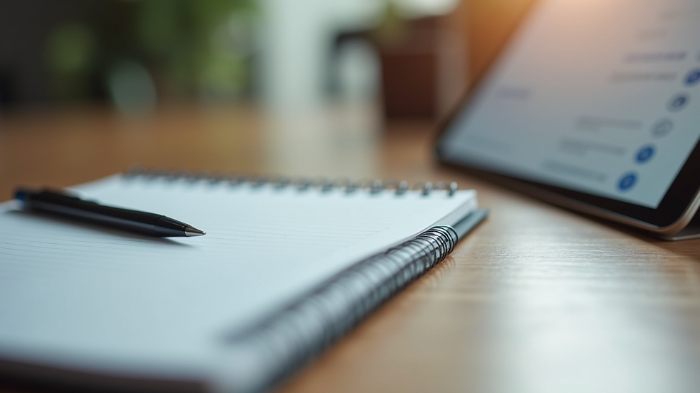 Close-up view of a notebook and pen next to a tablet showing a therapy app