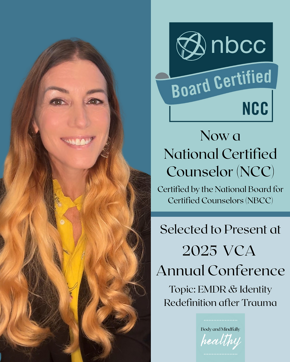 Smiling woman with long hair, "Board Certified NCC" on a teal background. Text highlights counselor certification and 2025 VCA conference presentation.