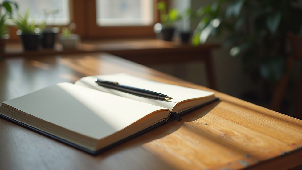 View of a journal and pen on a wooden desk
