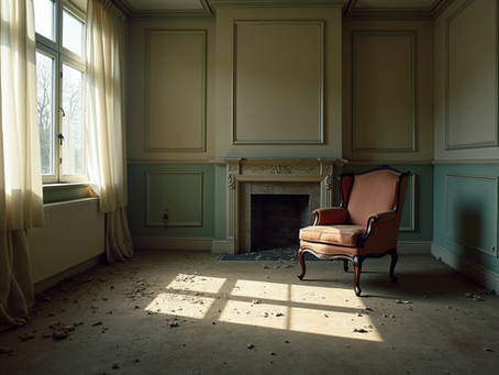 Empty abandoned living room with an empty chair