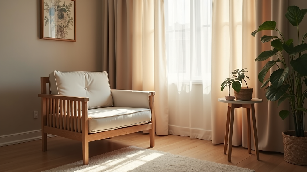 Eye-level view of a cozy therapy room with a comfortable chair and soft lighting