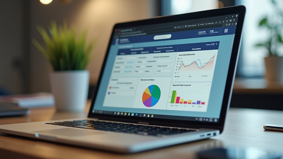 Eye-level view of office desk with payroll software on laptop