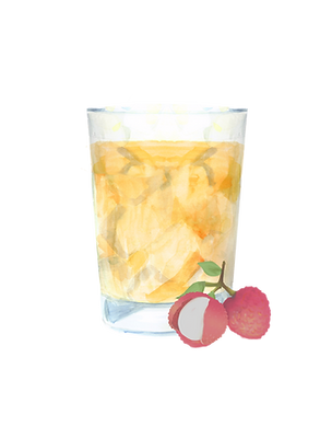 Enchanted Cocktail mit Teapsy Jasmine Green Likör, frischer Litschi und Peach Bitter