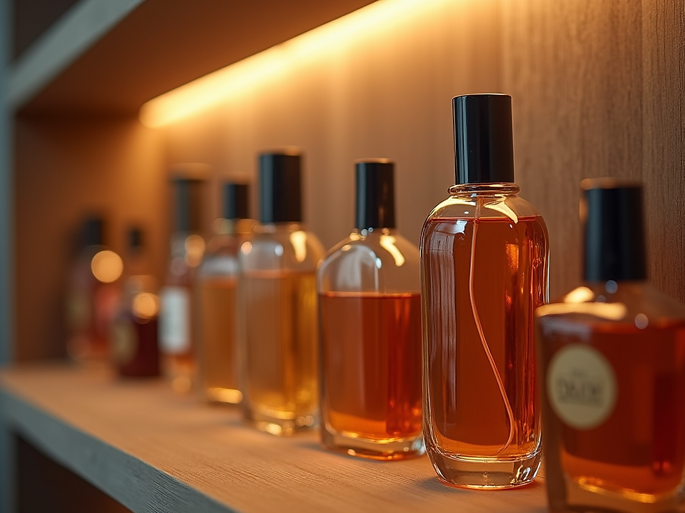 A-collection-of-exotic-perfume-bottles-arranged-on-a-shelf-with-soft-lighting-and-warm-ton