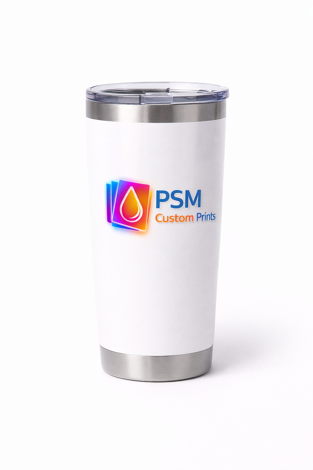 White travel tumbler with PSM Custom Wear logo