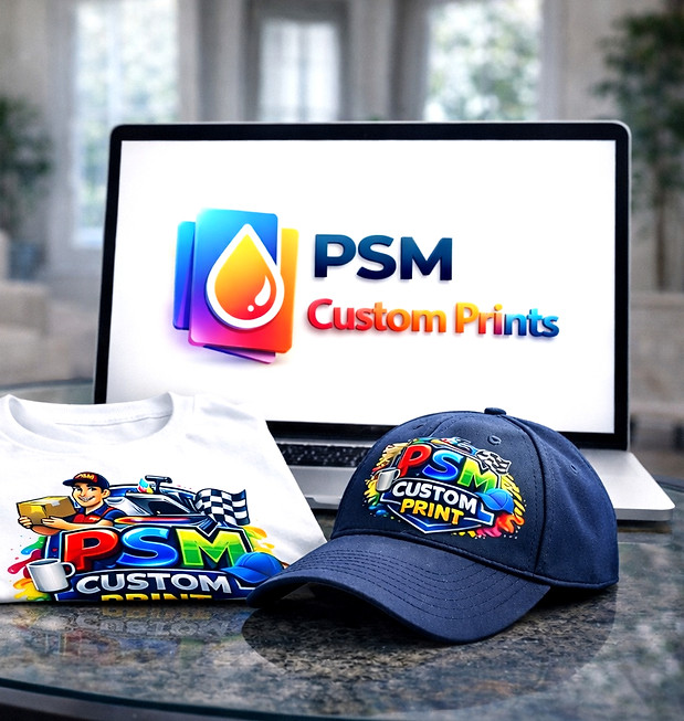 Custom printed mug, t-shirt, and cap with PSM logo; laptop displays logo