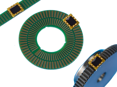 Inductive encoder chip with an encoder-disc, a linear scale and a ferromagnetic gear