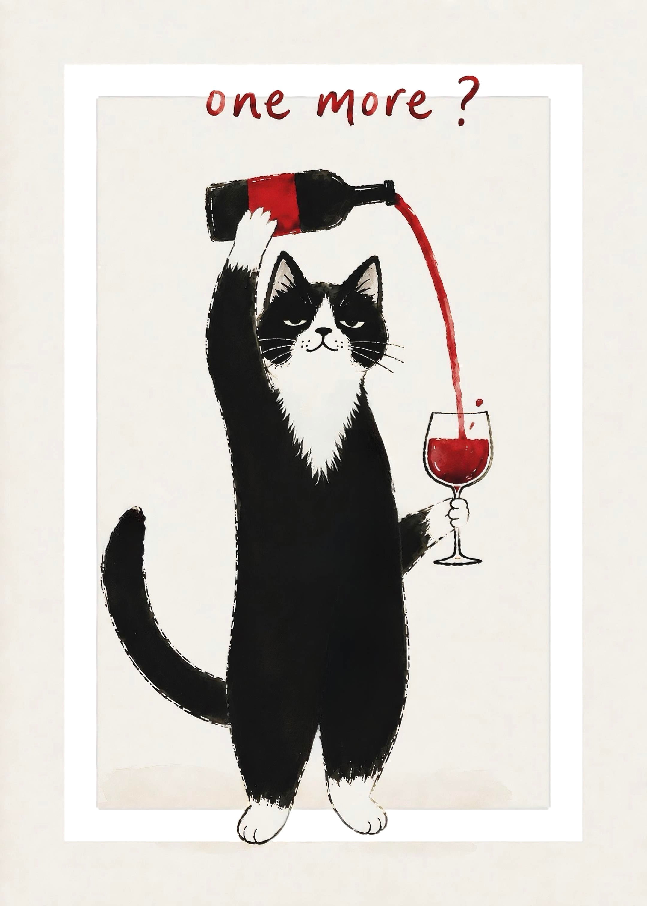 Dessin d'un chat noir et blanc servant du vin rouge avec le texte 'one more ?'
