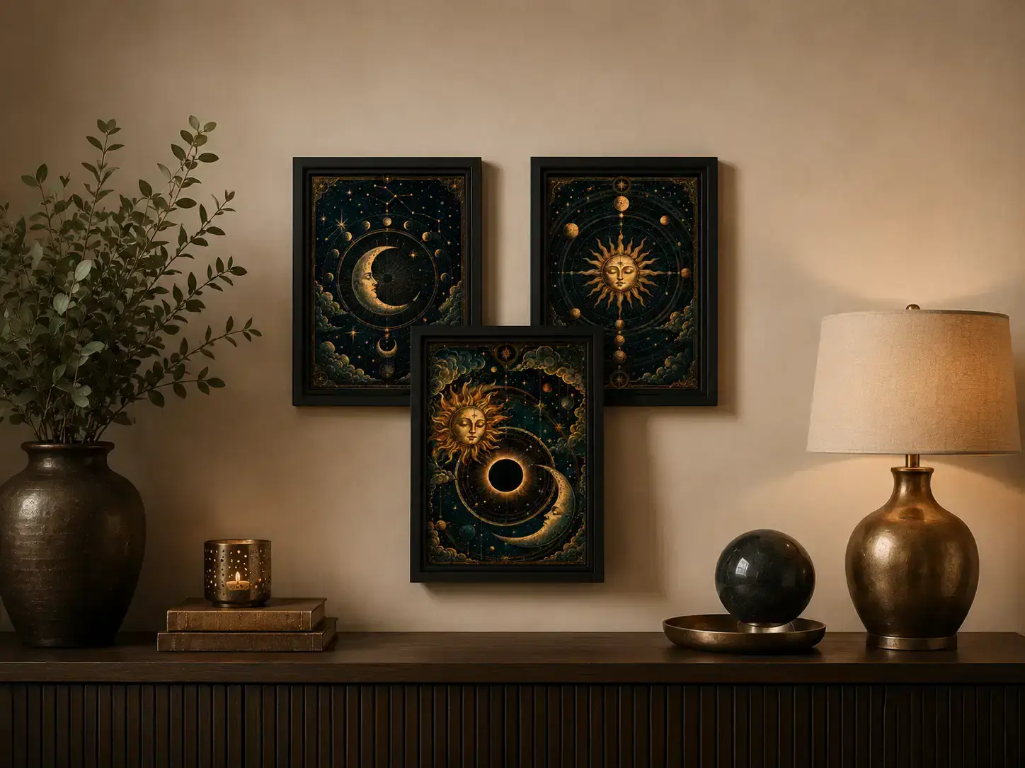 Lot de 3 cadres Ciel et Lune, décoration mystique murale