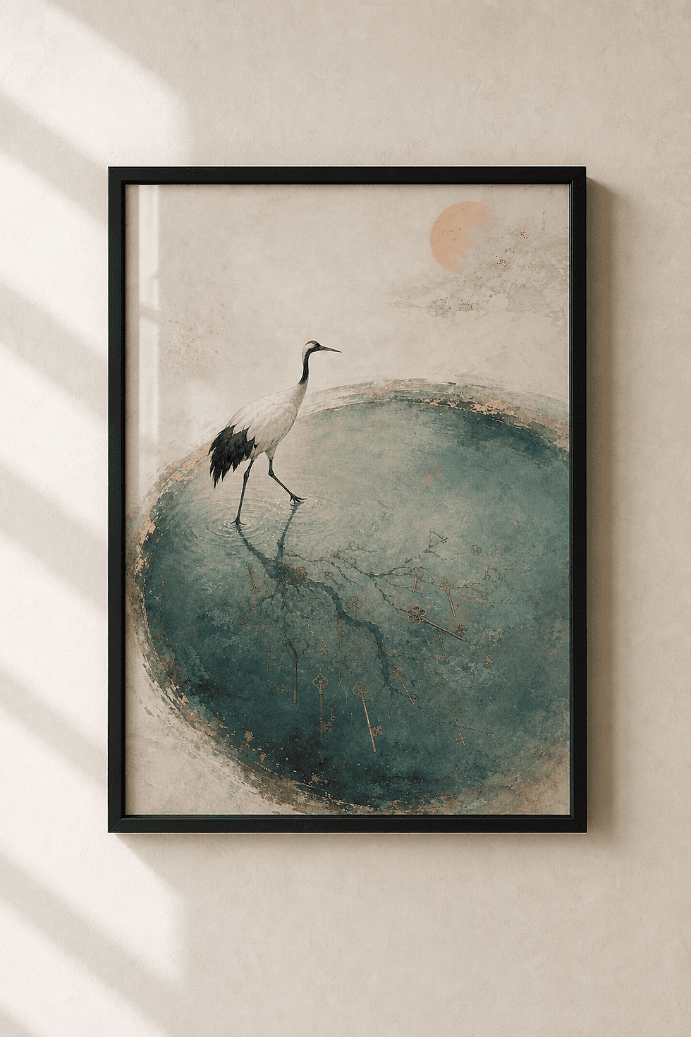 Illustration de grue japonaise sur fond zen bleu.