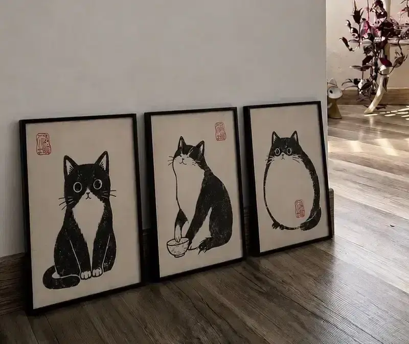 Lot de 3 cadres Les petits chats, décoration japonaise