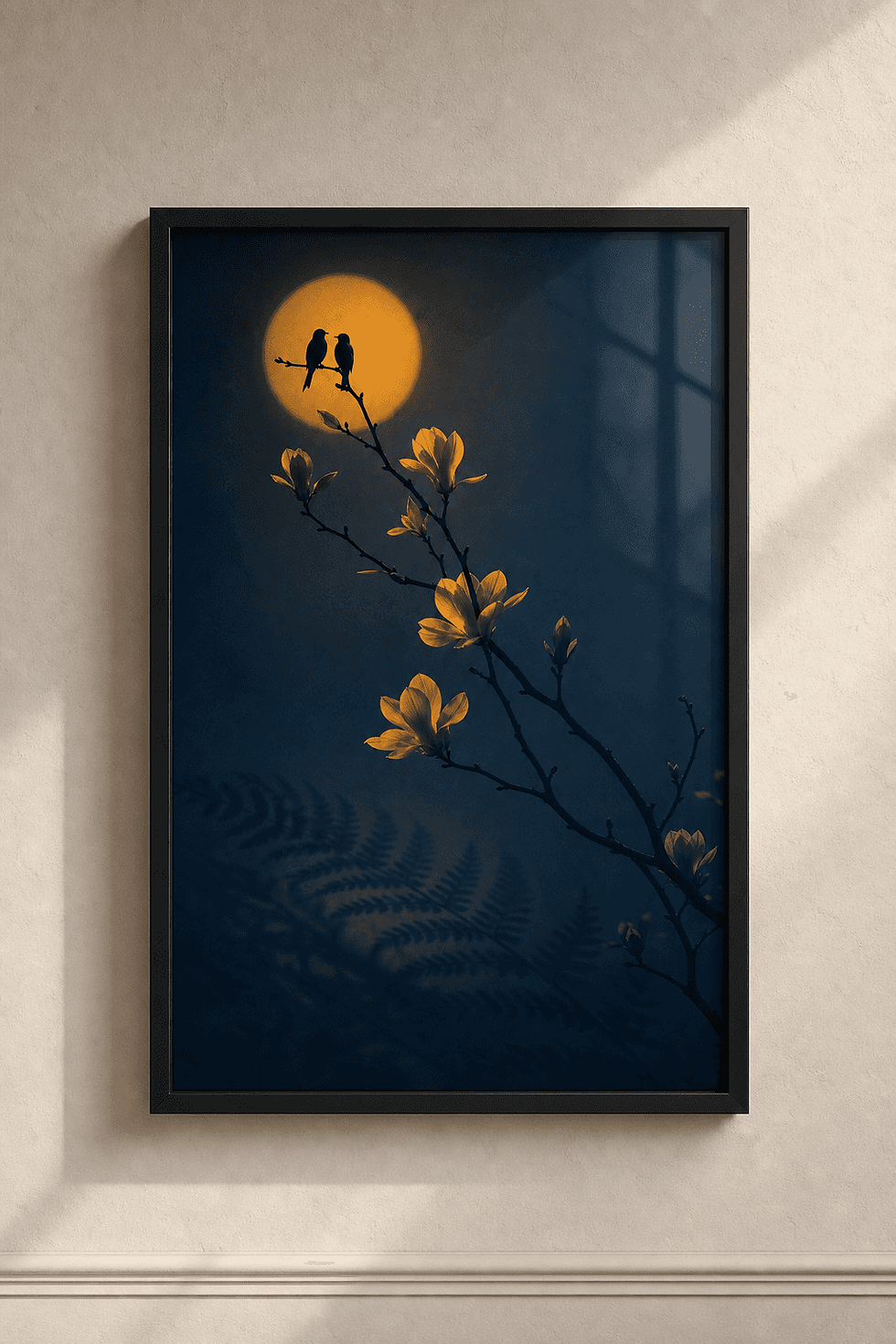Tableau de tourtereaux sur une branche fleurie la nuit.