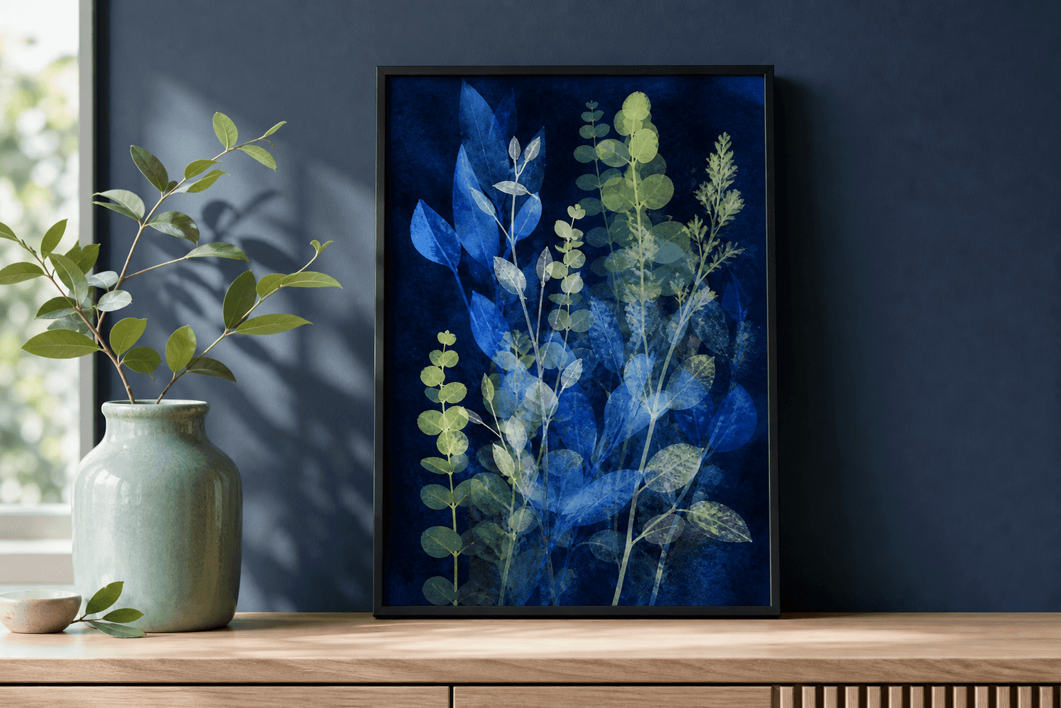 Tableau Flore aqua de décoration botanique florale bleue.