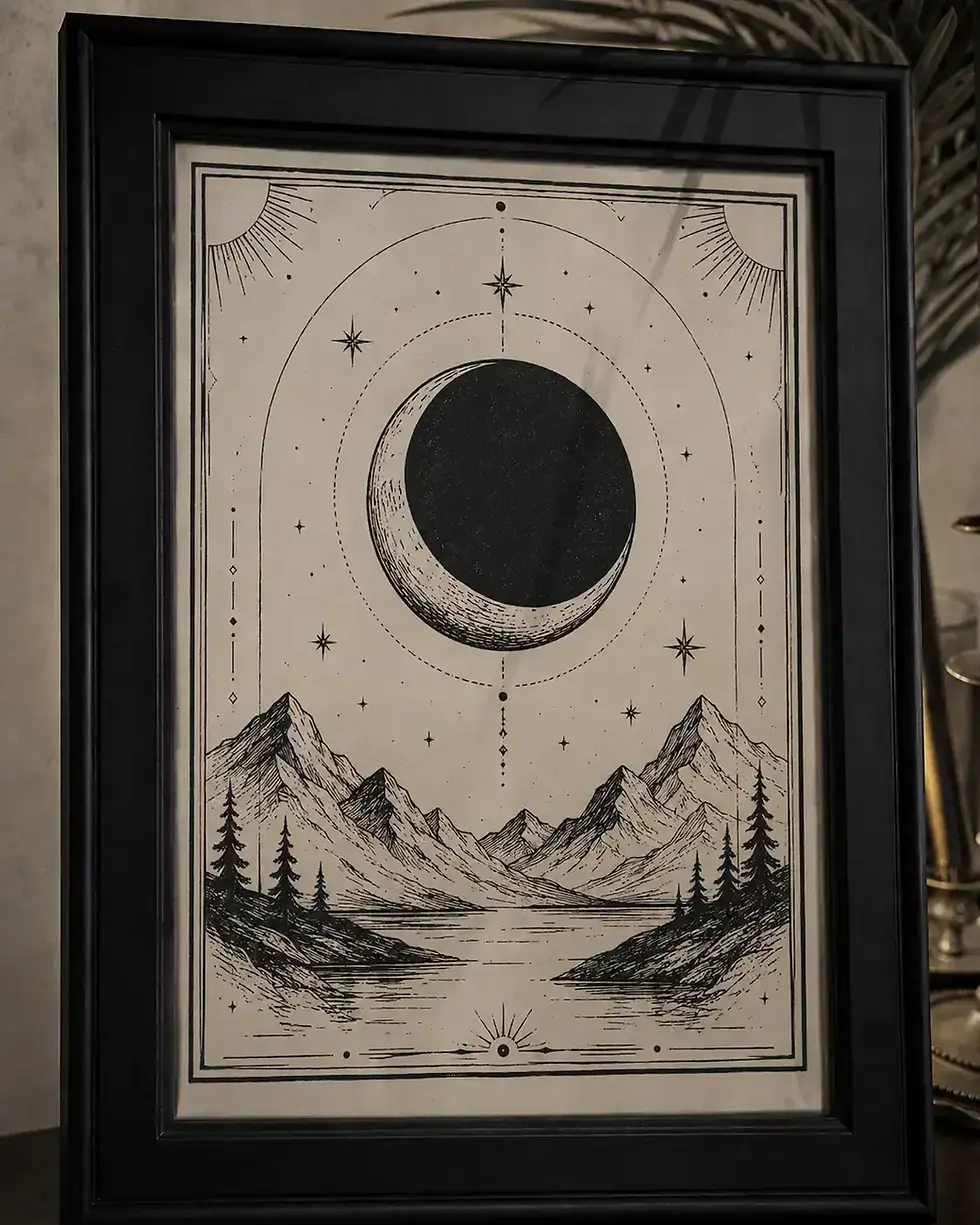Croquis mystique avec lune, étoiles et montagnes encadré.