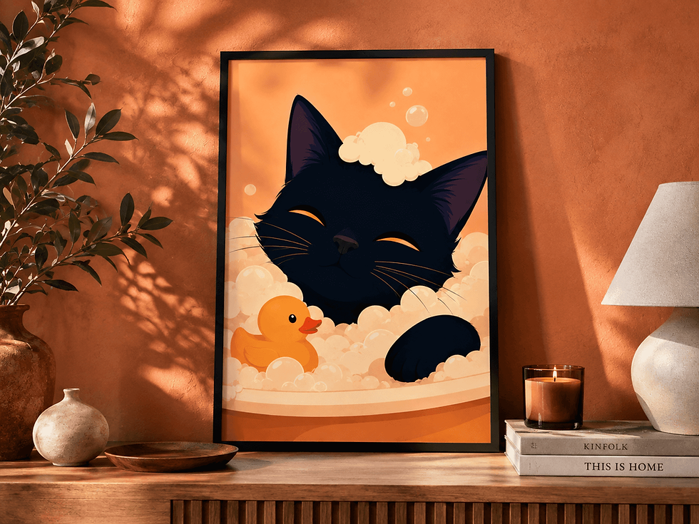 Chat noir dans le bain avec mousse et canard jaune