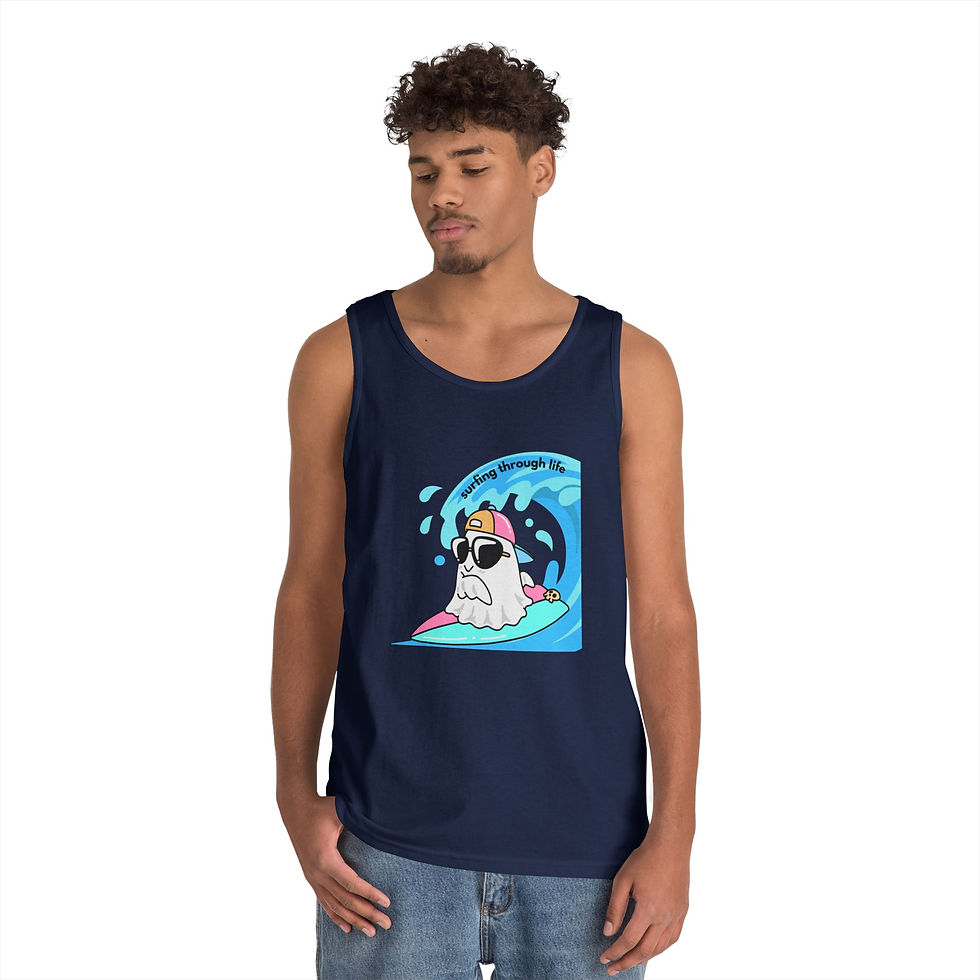 Thumbnail: men Surfing Ghost Tank Top — Cute Retro Beach Ghost Graphic Tank