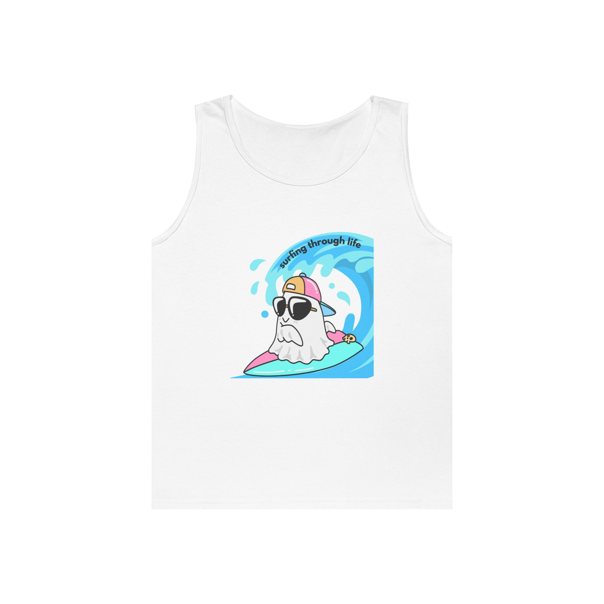 men Surfing Ghost Tank Top — Cute Retro Beach Ghost Graphic Tank