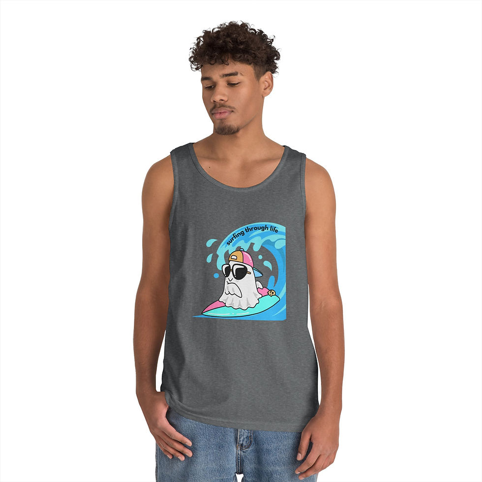 Thumbnail: men Surfing Ghost Tank Top — Cute Retro Beach Ghost Graphic Tank