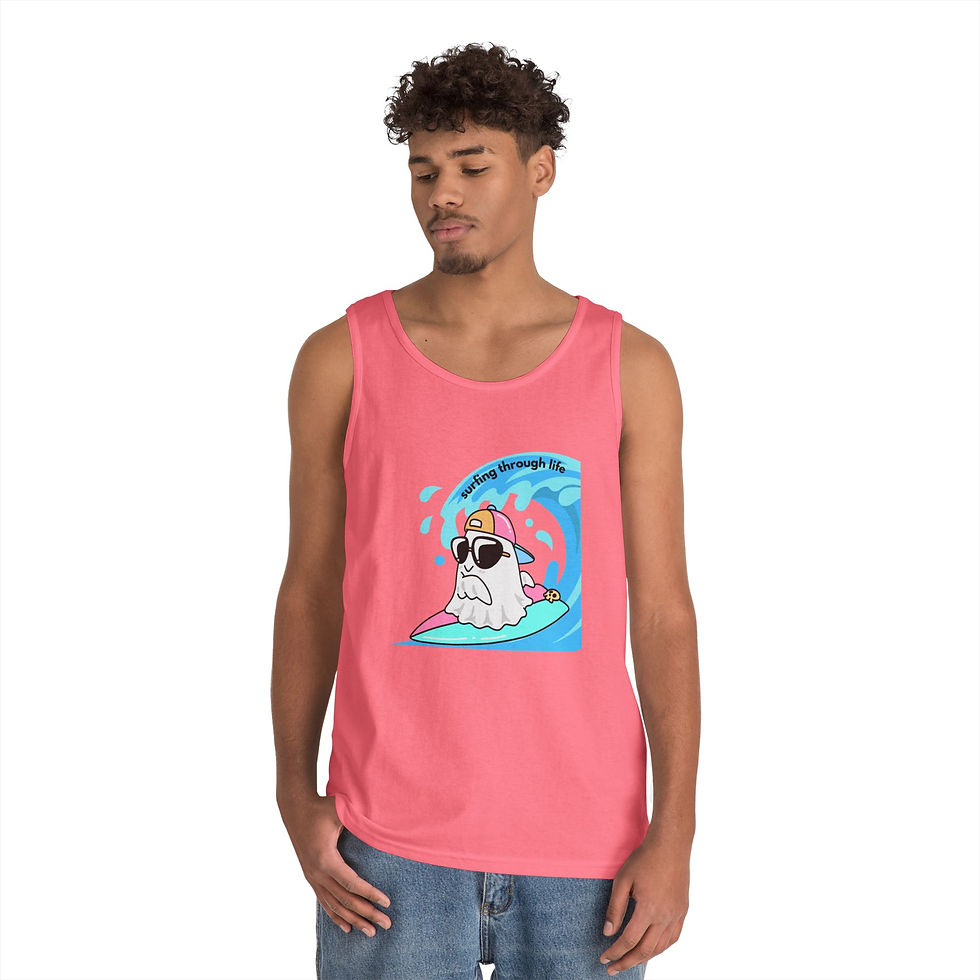 Thumbnail: men Surfing Ghost Tank Top — Cute Retro Beach Ghost Graphic Tank