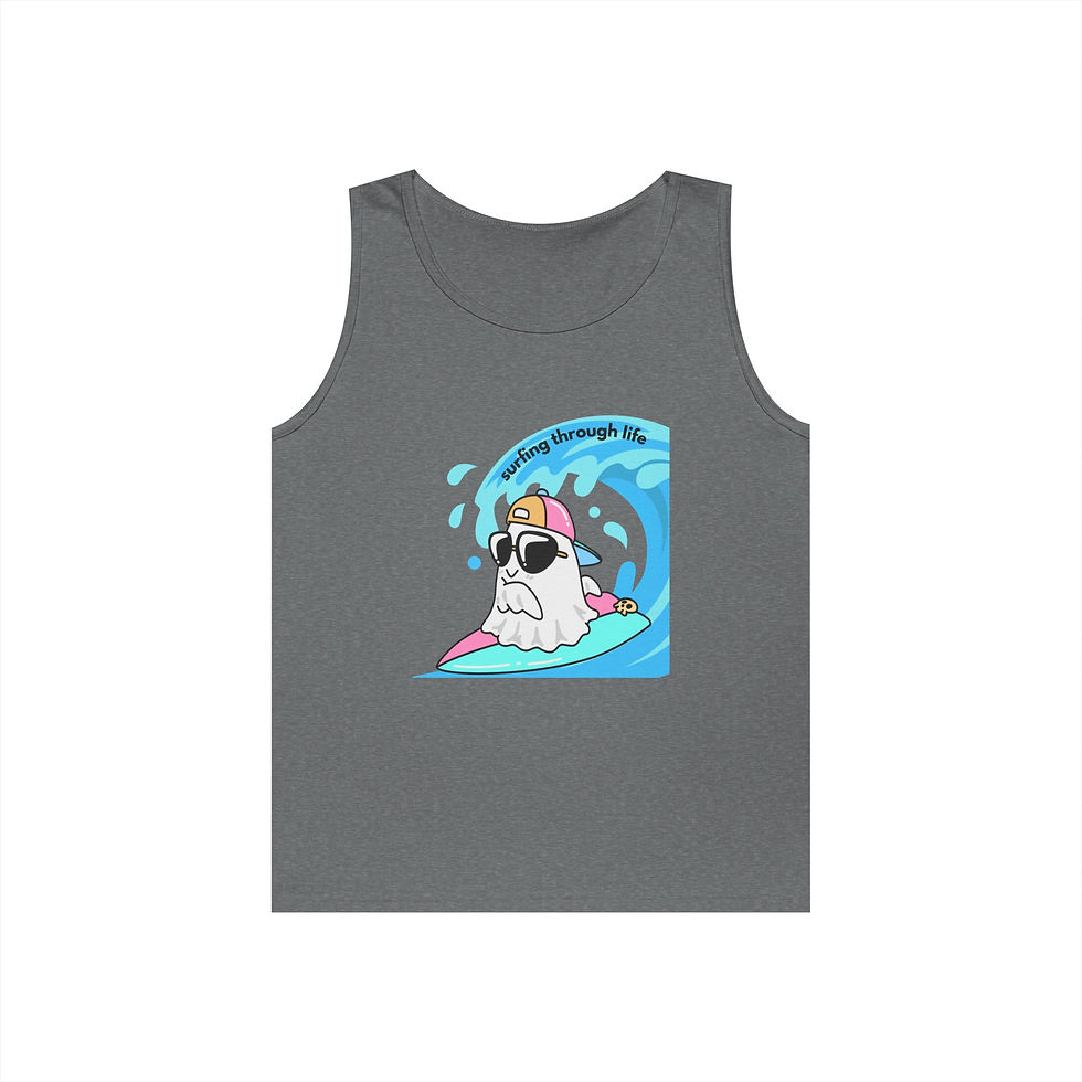 Thumbnail: men Surfing Ghost Tank Top — Cute Retro Beach Ghost Graphic Tank
